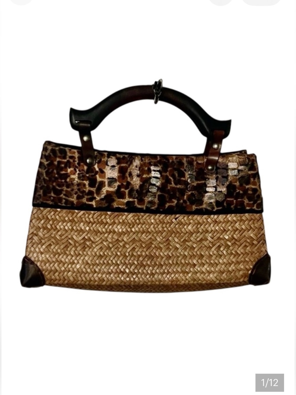 Woven Womens Brown Tan Straw Rattan Leopard Animal Print Wood Handle Handbag